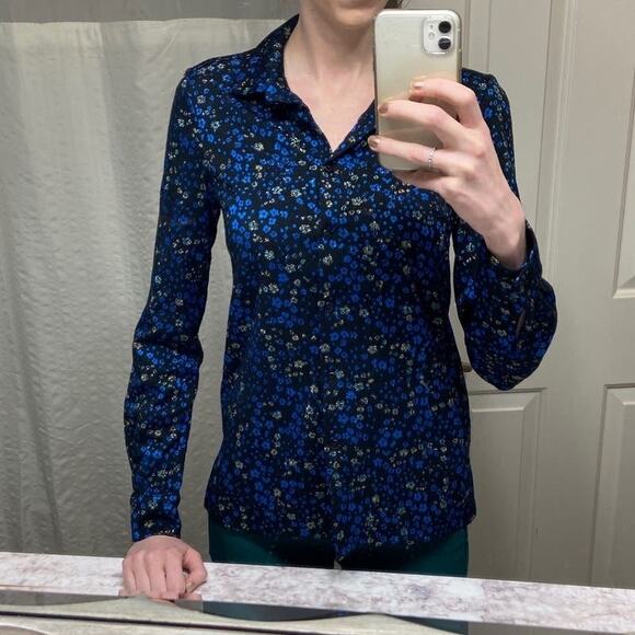 STINE GOYA Black Blue Metallic Button Front Floral Lucian Long Sleeve Top sz XS - Picture 14 of 15